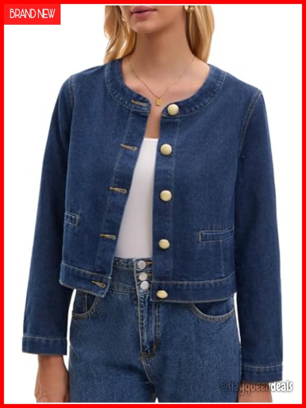 Collarless Button Up Cropped Denim Jacket Long Sleeve Casual Jean Jacket for